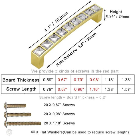 Gold U Shape Crystal Glass Cabinet Knobs Set, 10 Pack Sparkling Drawer Pulls For Cupboard Wardrobe Dresser, diagram with dimensions, screws, washers