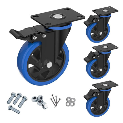 5 Inch Caster Wheels With Brake Set Of 4 Beefy Heavy Duty Swivel Top Plate Casters With Double Ball Bearings and hardware included