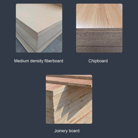 Three types of wooden boards: medium density fiberboard, chipboard, and joinery board on a dark background.