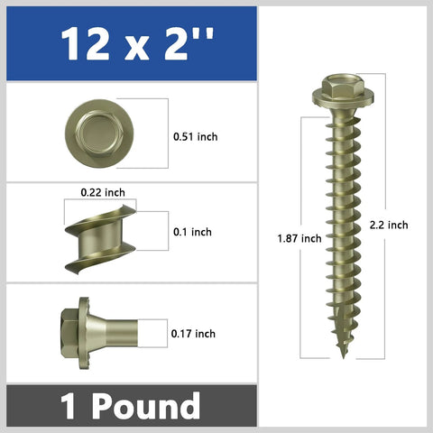 One Pound Pack Of 12 Gauge Exterior Lag Screws, 2 Inch Length, Hex Washer Head, 5.5x50mm, Yellow Coated Exterior Wood Screws, Rust Resistant