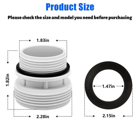 40Mm To 1-1/2 Inch Or 1-1/4 Inch Pool Hose Adapter Kit dimensions with O-ring for above ground filters