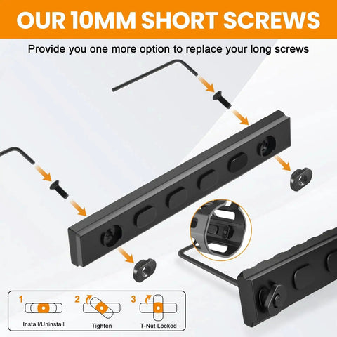 Diagram of 12 T Nuts And 12 Short Screws Replacement Set For M Rails With Allen Wrenches, showing installation steps.