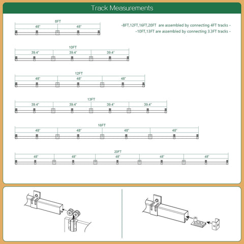 Diagram of Beefy 16Ft Heavy Duty Black Exterior Sliding Barn Door Track Kit For Double Doors with track measurements.