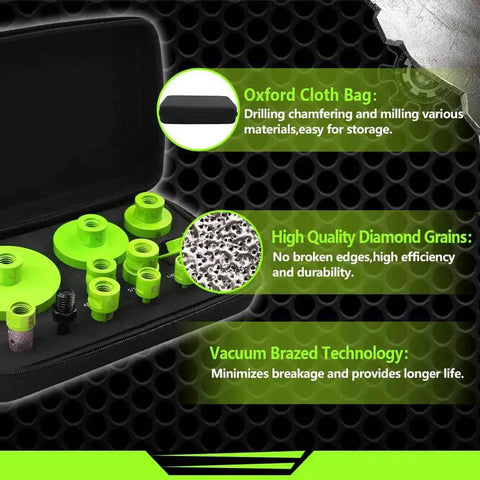 Tile Hole Saw Kit With 12 Diamond Core Drill Bits For Porcelain Ceramic Marble And Granite in open case showing bits and bag