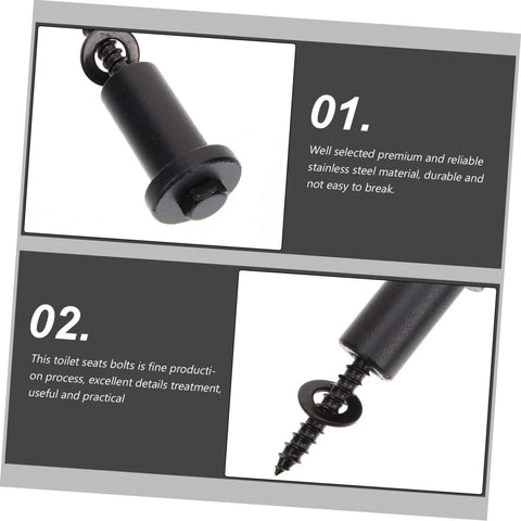 Close-up view of premium stainless steel toilet seat bolts with text highlighting durability and practicality.