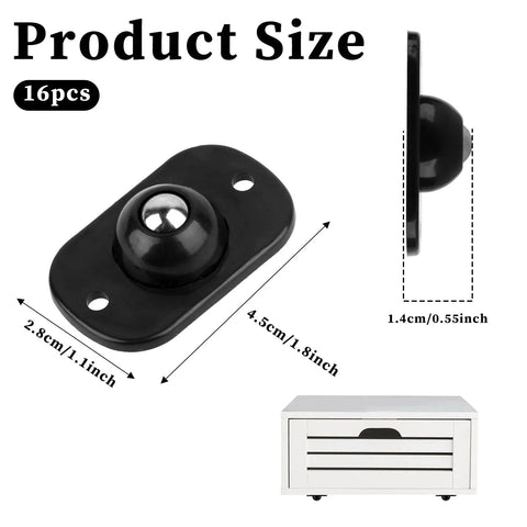 Dimensions and design of a single 16 Pcs Self Adhesive Mini Caster Wheels 360 Degree Swivel shown next to a storage box.