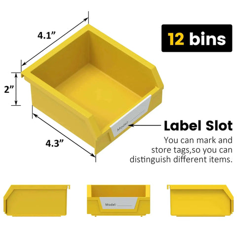 Close-up view of a yellow bin from the Rotating 12 Bin Tool Organizer For Nuts Bolts And Small Parts, highlighting label slot and dimensions.
