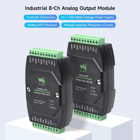 Industrial 8 Channel Analog Output Module With 12-Bit DAC For 8 Simultaneous Voltage Outputs, RS485 Modbus RTU Ready
