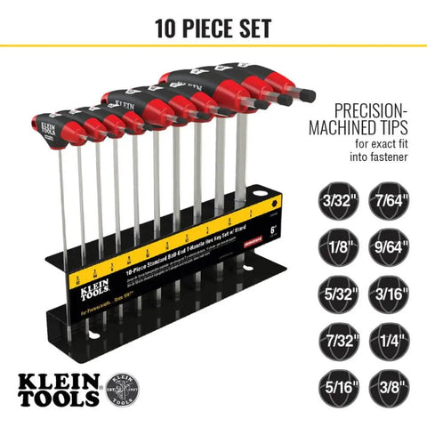 Ball End Hex Key Set With 6 Inch Blades For Angled Access And Tight Spots 10 Piece SAE Inch Wrench Kit With Stand Pro Grade Journeyman Dual Material Handles Rust Resistant Treated Steel Double Ended Keys Klein Tools shown in stand