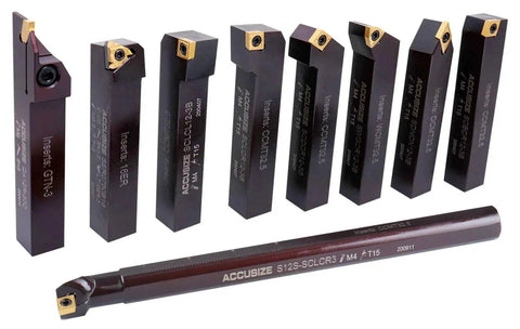 Three Quarters Inch Shank Nine Piece Indexable Turning And Boring Tool Set For Carbon Steel Alloy Steel And Cast Iron With TiN Coated C6 Carbide Inserts Accusize Industrial Tools 2988-0034