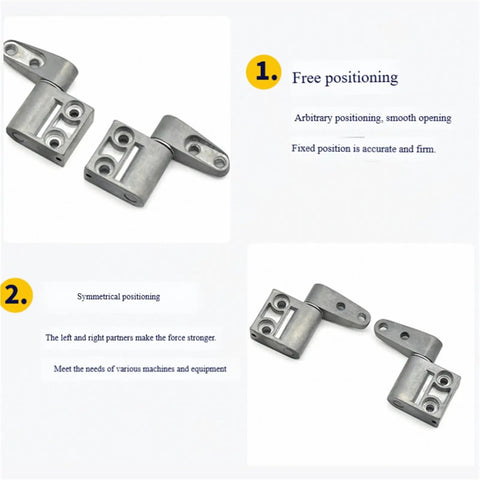 2 Pack Zinc Alloy Damping Hinge Set With 360 Degree Rotatable Torque Shaft For Cabinet And Gate Friction Hinges 0.56 Nm Right Hand Smooth Self Closing Quiet Operation, featuring metal hinges on white background with free and symmetrical positioning descriptions