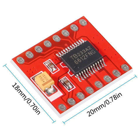 TB6612FNG Dual DC Motor Driver Module for two motors, red PCB board, 18mm by 20mm dimensions, robotics projects.