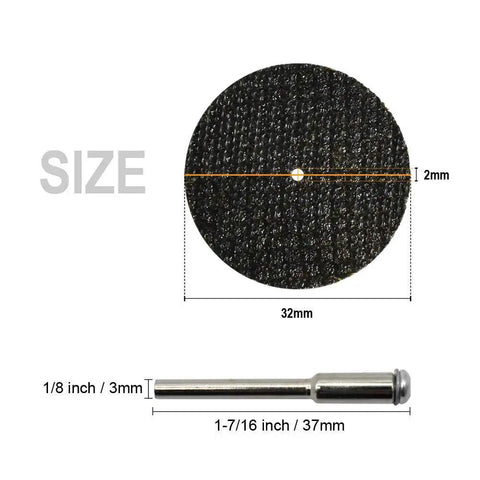 60 Pieces Reinforced Fiberglass Rotary Tool Cut Off Wheels One And A Quarter Inch With Four Mandrels close-up showing size dimensions.