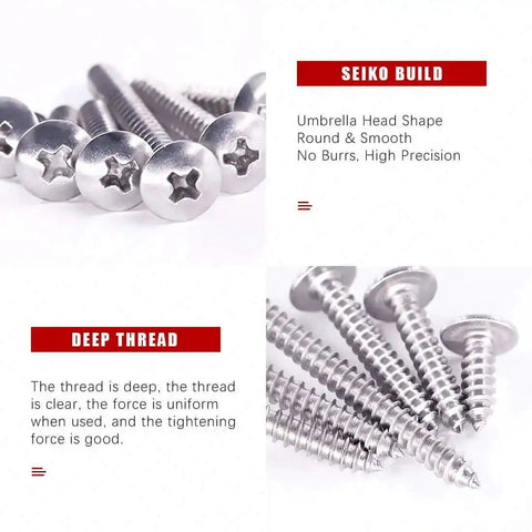 Number 8 304 Stainless Steel Phillips Truss Head Self Tapping Sheet Metal Screws in close-up, showcasing deep threads and smooth finish