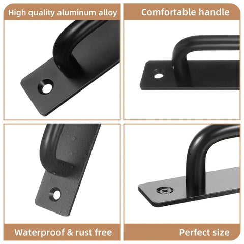 Close-up of 12 Pack Black Barn Door Handle Cabinet Pulls Aluminum Alloy 5.8 Inch Long with screws, showcasing quality and design