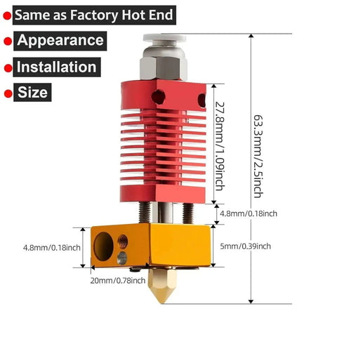 Front view of Ender 3 Hotend Upgrade Kit with M3 Stud Thermistor, 24V 40W extruder, labeled dimensions for Creality 3D printers.