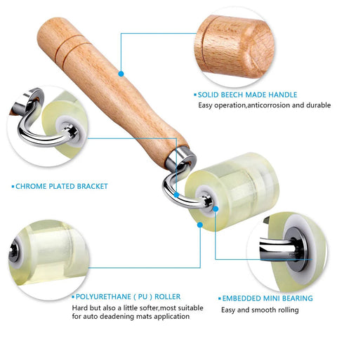 Amazon LUMITECO auto car audio deadening roller with solid beech wood handle, chrome bracket, and PU roller.