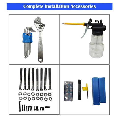 Complete installation accessories for Portable 110V Line Boring Machine For Heavy Machinery And Excavator Repair Including hex keys, wrench, oil can, bolts, and cutting tools.