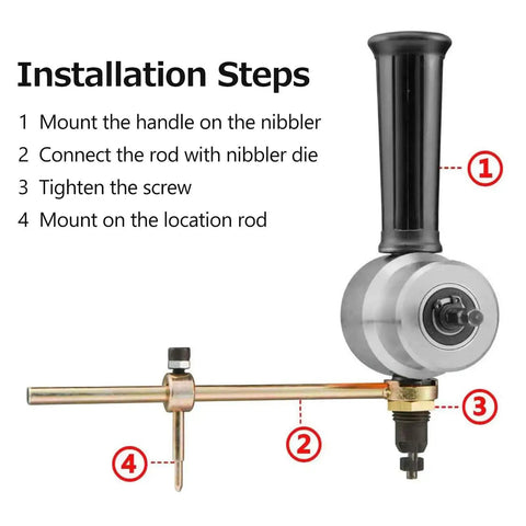 Installation diagram for Double Head Sheet Metal Cutter Drill Attachment With 360 Degree Rotating Heavy Duty Nibbler in red.