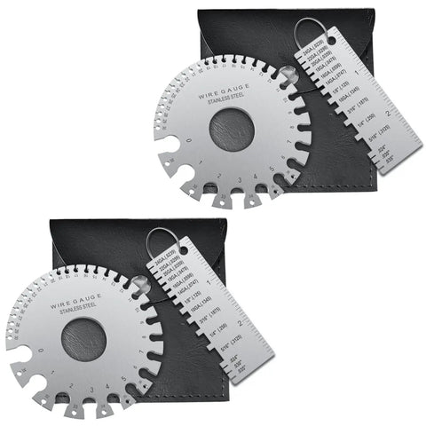 Pro Grade Wire Gauge Measuring Tool For Metal Sheets With Dual Sided Thickness Gauge In Stainless Steel Ready For AWG And SAE Measurements Set Of Four in leather case.