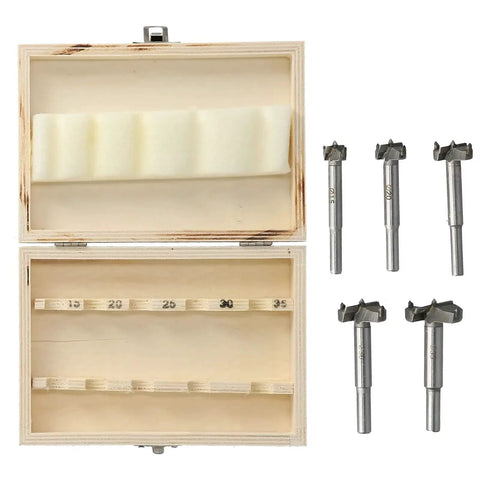 Five Piece Drill Bit Set With Adjustable Positioning Hinge Jig Drill Guide And Hinge Hole Cutter In A Durable Storage Box open view