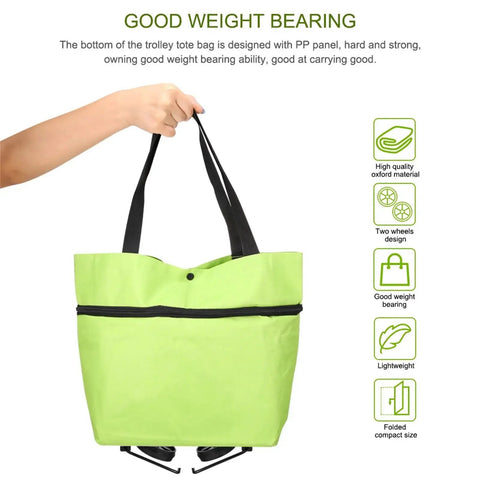 2 In 1 Foldable Shopping Cart With Wheels And Waterproof Tote, green tote with black straps, lightweight and durable for travel