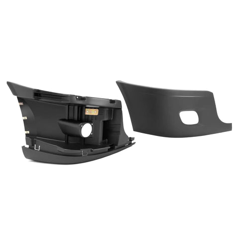Front Passenger Bumper End Cap Reinforcement for Cascadia Fog Light Holes showing front and rear view with fog light alignment