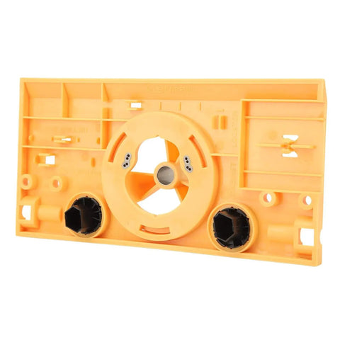 Front view of 35mm Hinge Boring Jig Kit For Woodworking With Accurate Hinge Hole Drilling Guide Locator Pro Grade Includes One Sixteenth Inch Bit And ABS Panel Durable Scratch Resistant Yellow Jig For Precise Cabinet And Door Installations.