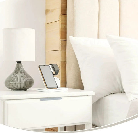Bedroom setting with nightstand featuring Six-Pack Aluminum Drawer Edge Pulls 3.15 Inch Concealed Tab Handles in brushed grey.