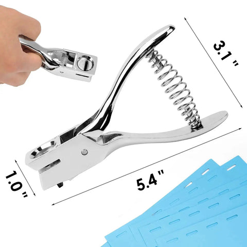 One Slot Badge Punch For ID Cards, Grab And Go Handy Metal Slot Puncher With 15mm By 3mm Hole, spring loaded, chrome finish, dimensions shown