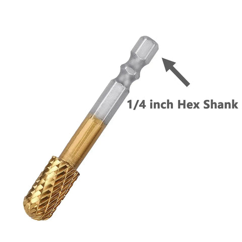 Close-up of a 1/4 inch hex shank carbide burr from 8Pcs Carbide Burr Set With One Quarter Inch Hex Shank For DIY Grinder Double Cut Tungsten Rotary Burrs In One Quarter And Three Eighths Inch Diameters For Metal Wood Engraving Polishing Shaping Grinding Deburring Milling And Drilling For DIYers And Pros.