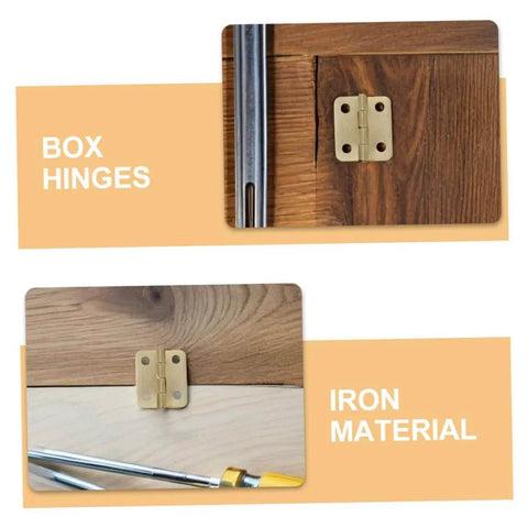 Miniature Iron Cabinet Hinges Set With 40 Pieces 270 Degree Round Corner Hinges For Jewelry Boxes And Wood Cases shown installed