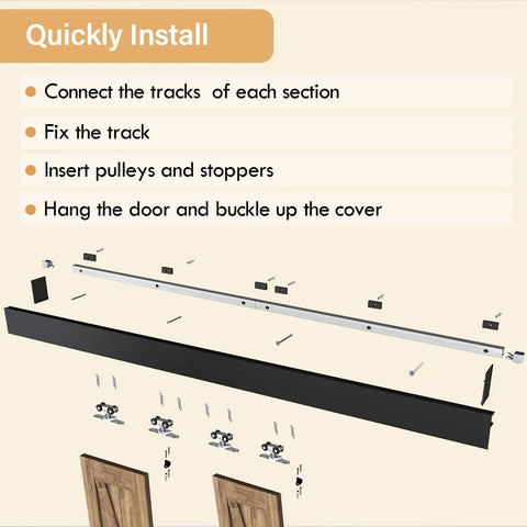 Diagram of 7 Foot Double Sliding Barn Door Hardware Kit With Low Clearance Aluminum Box Rail, showing installation steps