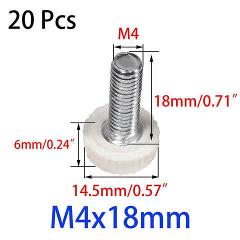 M4x18mm Knurled Thumb Screws Set Of 20, white round head, threaded knob grip, easy tightening, solid metal and plastic construction