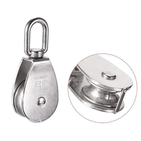 Two Pack M50 Single Pulley Block in 304 Stainless Steel for lifting and rigging, showcasing close-up and full view of corrosion resistant design