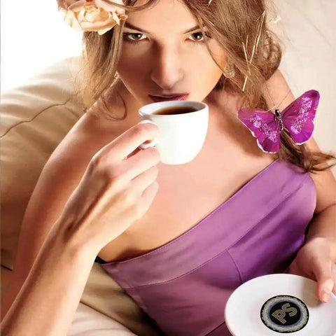 Woman in purple dress holding coffee cup and saucer with pod from Bold Dark Roast Coffee Pods Variety Pack 40 Count For Keurig K Cup Machines Single Serve Cups World Roasts French Roast Espresso Roast Italian Roast Rich Flavor.