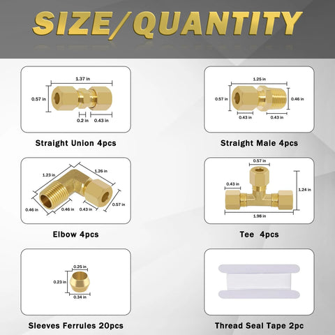 Brass compression fittings kit, 1/4 in. OD, 38 pcs incl unions, tees, elbows, straight adapters, sleeves ferrules, tape