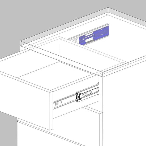 Illustration showing installation of 10 Pairs Of 22 Inch Soft Close Full Extension Ball Bearing Side Mount Drawer Slides Three Section Zinc Plated 100 Lb Capacity Includes Mounting Screws Brackets Not Included Durable Steel Construction For Smooth Quiet Drawer Operation in a cabinet.