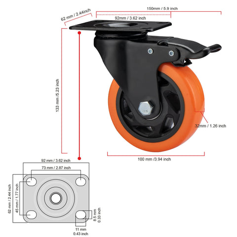 4" Caster Wheels, Heavy Duty Set of 4 - Orange Polyurethane Top Plate Swivel Casters, Industrial 4-Pack with Brake, Locking Wheels for Furniture and Workbench - Canadian Ball Bearing Supplier.