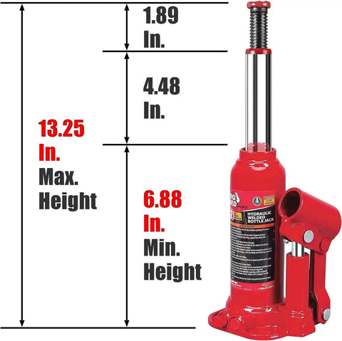 2 Ton Hydraulic Bottle Jack With Vertical And Horizontal Use Not For Trucks showing dimensions and red design