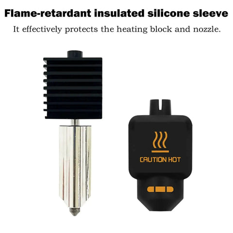Flame-retardant silicone sleeve and 3D printer hotend nozzle featuring 'Caution Hot' label