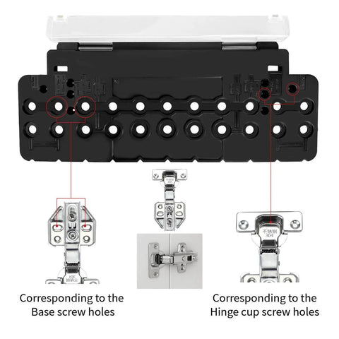 Black ABS cabinet shelf pin jig with quarter inch drill guides for straight holes and drilling template, shown with hinge hardware.