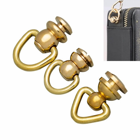Solid Brass Ball Stud Rivets With D Ring 360 Rotatable Head For Leather Purses shown in close-up and attached to a black purse.