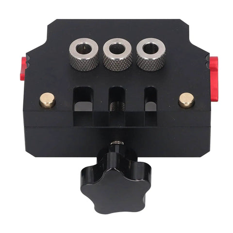 Front view of Self Centering Doweling Jig Kit made from aircraft grade aluminum with 3 in 1 drill bit locator, black finish.