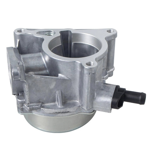 Aluminum brake vacuum pump housing with large circular bore and side black plastic connector, automotive component