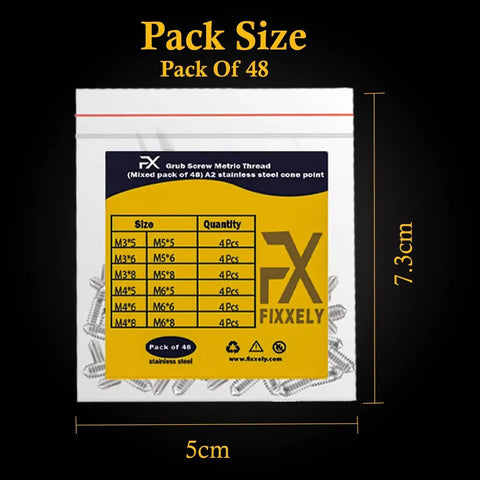 Pack of 48 Cone Point Set Screws Kit, sizes M3 to M6 in 304 stainless steel, hex head, shown in resealable packaging with label details