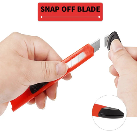 Hands holding 8 Pack 9mm Wide Box Cutters Retractable Utility Knives for Office and Craft, showing snap-off blade feature.