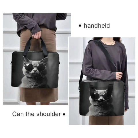 Gray Cat With Sunglasses Laptop Bag For 14 To 16 Inch Notebooks, shown handheld and as a shoulder bag.