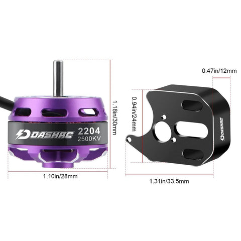 2500KV Brushless Outrunner Motor with mount for 1/24 RC micro rock crawlers and Axial SCX24 upgrades, shown with dimensions