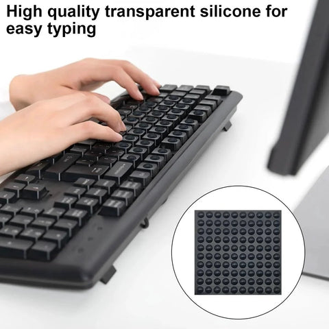 Person typing on keyboard with image of Black Round Adhesive Bumper Pads 300 Pcs Combo Pack In 3 Sizes alongside